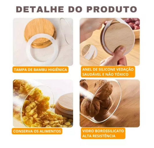 Pote de Vidro 140ml Hermético Tampa De Bambu + BRINDE