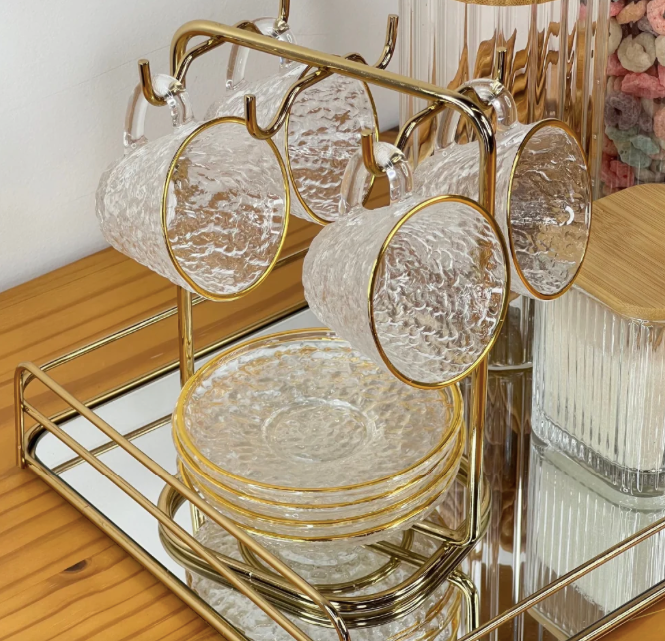 Xícara de Cristal Martelado com Pires e Fio de Ouro Petra 180ml - Lyor