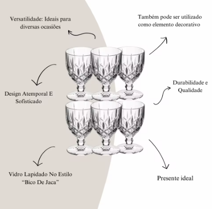 Conjunto de 6 Copos de vidro Diamond Bico de Jaca - Transparente