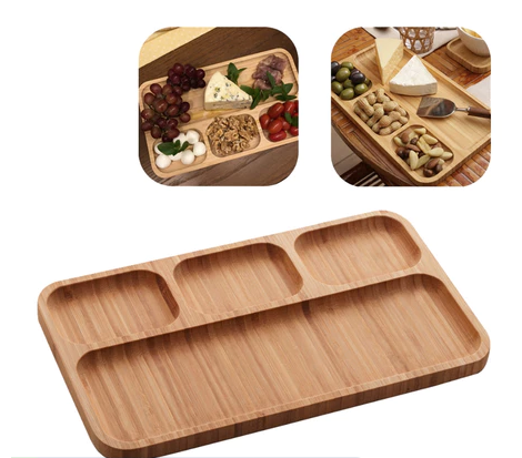 Tábua de Frios + 4 talheres para queijo - Bambu retangular com 4 Divisórias