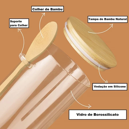 Pote de Vidro 550ml Hermético Tampa e Colher de Bambu + BRINDE