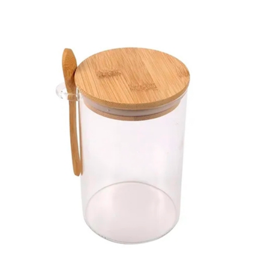 Pote de Vidro 550ml Hermético Tampa e Colher de Bambu + BRINDE